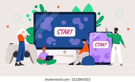 Online gaming platforms. Innovative technologies and digital devices for entertainment. Men and women play video games using computer, laptop, vr glasses and gamepads. Cartoon flat vector illustration