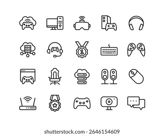 Conjunto de ícones de vetor de jogos online | Espessura ajustável da linha | Gamepad, console, headset, teclado, VR, e-sports, webcam, controlador, servidor, roteador, jogador, troféu, ícones de alto-falante