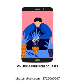 Online gardening courses. Young man plants a flower in a pot. Gardener teacher. Isolated on white. Live video webinar on mobile phone screen. Funny hand drawn design. Stock vector illustration.