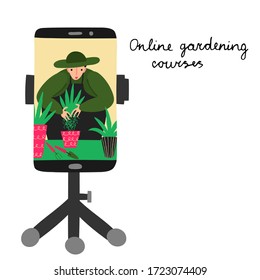 Online gardening courses. Young man in a hat and apron on mobile phone screen. Gardener plants a plant in a pot. Isolated on white. Fun hand drawn design. Live webinar. Stock vector illustration.