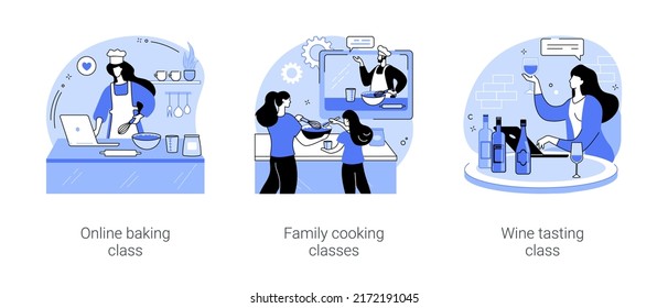 Online gastronomy classes isolated cartoon vector illustrations set. Cooking and nutrition, baking bread at home, kids and parents watch nutrition masterclass, wine tasting course vector cartoon.