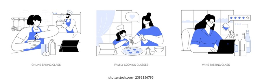 Clases de gastronomía en línea aisladas ilustraciones vectoriales de dibujos animados conjunto. Cocina y nutrición, horneado de pan en casa, niños y padres ven dibujos animados vectores de clases magistrales de nutrición, cursos de degustación de vinos.