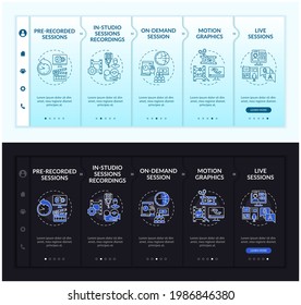 Online gathering content onboarding vector template. Responsive mobile website with icons. Web page walkthrough 5 step screens. Live sessions night and day mode concept with linear illustrations