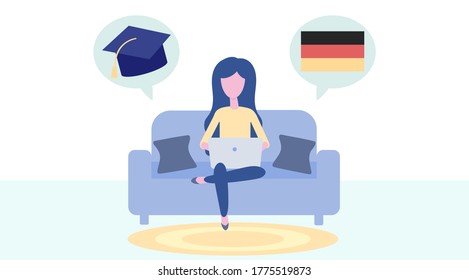 Online German Learning, distance education concept. Language training and courses. Woman student studies foreign languages on a website in a laptop. Vector in flat design.