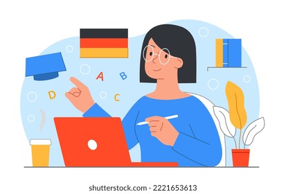 Online German Learning. Woman sits at laptop and studies foreign language. Distance learning and education, hardworking character doing homework. Poster or banner. Cartoon flat vector illustration