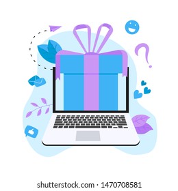 Online gift box. Promotion of online store or shop loyalty program and bonus. Vector illustration for advertisement.