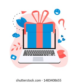 Online gift box. Promotion of online store or shop loyalty program and bonus. Vector illustration for advertisement.	