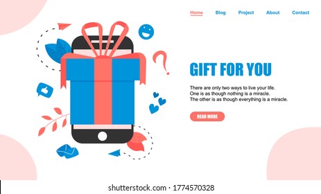 Online gift box. Promotion of online store or shop loyalty program and bonus. Vector illustration for advertisement.