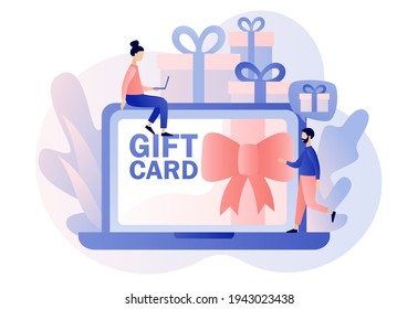 Online gift card, certificate, voucher or coupon. Promotion strategy concept. Sale, loyalty program, bonus, marketing. Modern flat cartoon style. Vector illustration on white background