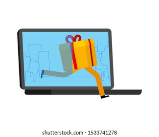 Online gift for christmas and New Year. Gifts and laptop. web present order. gift box Shop window in pc

