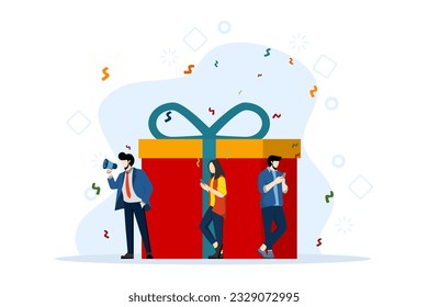 Online-Geschenkkonzept. Digitales Empfehlungs- und Belohnungsprogramm. Loyalitätsprogramm und Boni für Online-Shops oder -Shops. Glückliche Menschen erhalten eine große Geschenkbox. Flache Vektorgrafik auf weißem Hintergrund.