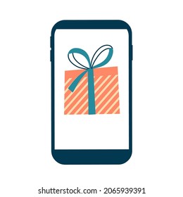 Online gift concept, smartphone with gift box. Flat style. Vector illustration isolated on a white background. Holiday online delivery.