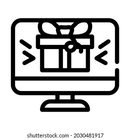 online gift on computer screen line icon vector. online gift on computer screen sign. isolated contour symbol black illustration