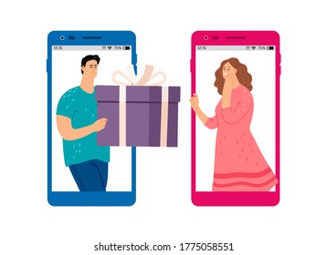 Online gift service. Man giving present woman. Happy male female characters, online dating and chat vector illustration