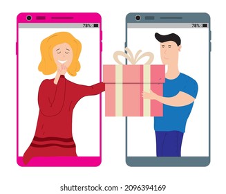 Online gift service. Man giving present woman. Happy male female characters, online dating and chat vector illustration