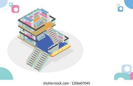 Online gift store in isometric smartphone on abstract background for Online shopping concept.