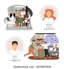 Online gifts for loved ones staying at home in quarantine, flat vector illustration. Delivery men in protective face masks delivering presents to man and woman in self isolation. Online gift delivery.