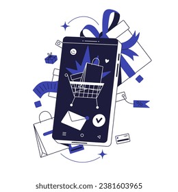 Online gifts store concept. Internet shopping by smartphone app, virtual market application. Digital eCommerce marketplace with delivery service. Monochrome flat isolated vector illustration on white
