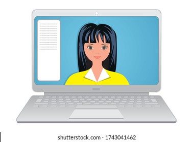 Online Girl. Black Hair Girl And Laptop. Concept With People On Screen With Different Orgins And Colors. You Find More Alternatives In Portfolio. Vector Illustration.