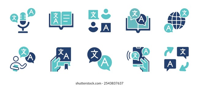 online global communication language translate icon set international dictionary bubble dialog translation service business signs vector