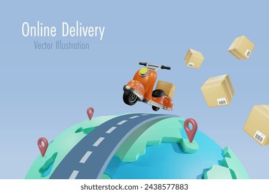 Online global delivery shipping service. Driving scooter delivers shipment box on road on world map. Online shopping, delivery and international freight distribution shipment. 3D vector.