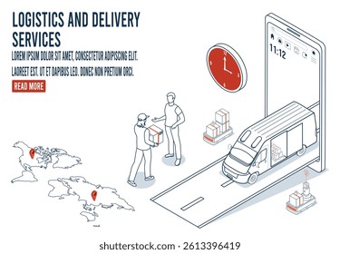 Online global delivery shipping service with People delivering a box to a customer at home or office.