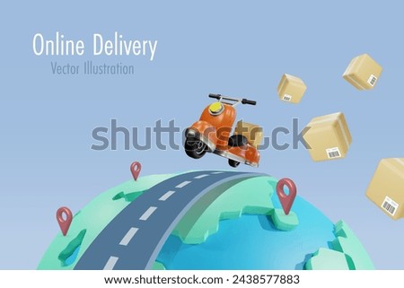 Online global delivery shipping service. Driving scooter delivers shipment box on road on world map. Online shopping, delivery and international freight distribution shipment. 3D vector.