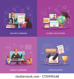 Online global education distant learning certificate programs concept 4 colorful cartoon outlined background style compositions vector illustration 