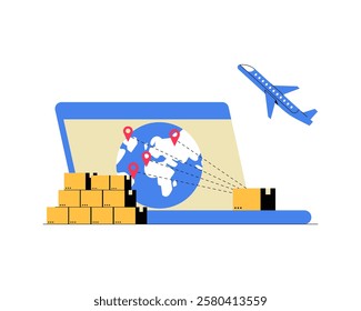 Online Global Shipping And Logistics With Laptop, Airplane, And Boxes. Flat Vector Illustration About E Commerce, International Trade, And Digital Marketplace, Isolated On White Background.