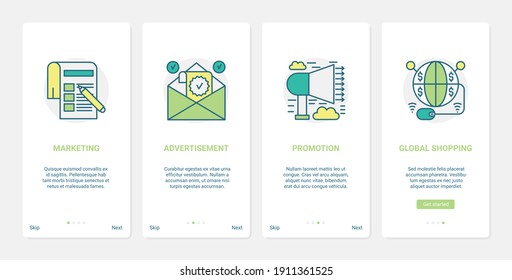 Online global shopping, ecommerce technology vector illustration. UX, UI onboarding mobile app page screen set with line commercial promotion symbols for advertising goods services, digital marketing