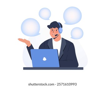 Online global technical support 24 7. Smiling office operators with headsets character. Customer service, call center, hotline, customer support department staff. Flat vector people character