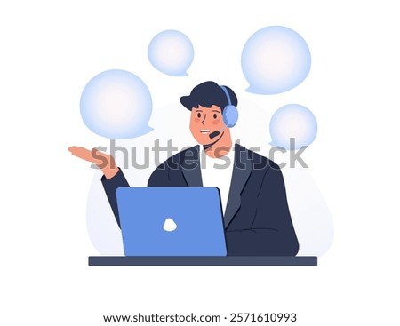 Online global technical support 24 7. Smiling office operators with headsets character. Customer service, call center, hotline, customer support department staff. Flat vector people character