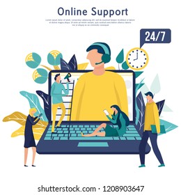 Online global technical support concept. Customer service, hotline operator advises the client, customer, and operator. Vector illustration.