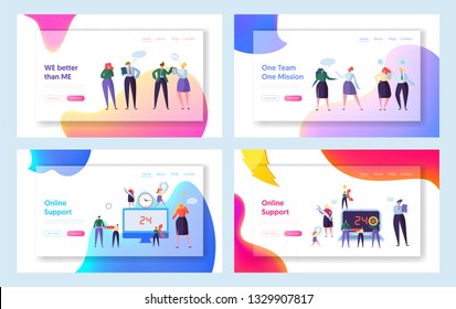 Online Global Technical Support Concept Set Landing Page. Talking Male and Female Character Teamwork in Office Suit. Work Together Searching New Idea. Teamwork Flat Cartoon Vector Illustration