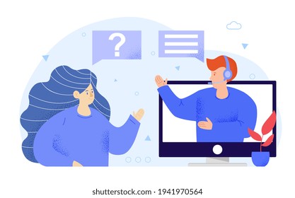Online global technical support service 24 7. Hotline operator gives an advise to client. Flat abstract cartoon vector illustration concept design. Simple art isolated on white background.