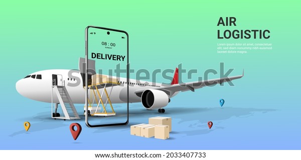 Online global transportation  delivery\
service on mobile by airplane. Air freight logistics. Online order.\
airplane, aircraft, warehouse, cargo and parcel box. website,\
banner. 3D Vector\
illustration
