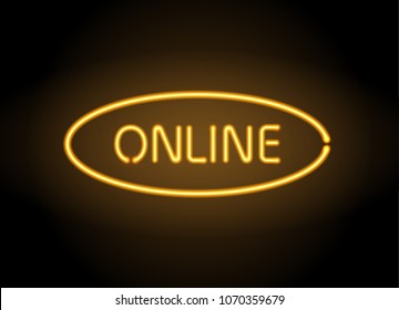 Online glowing neon letters sign design. Light shining, glowing text colorful vector background for your broadcast, web, shop, audio, web advertisement, and business