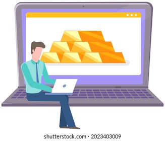 Online gold investment with gold bar and laptop and businessman sitting with laptop working on financial money platform. Gold price with pile of bars. Investor or financial analyst makes forecast