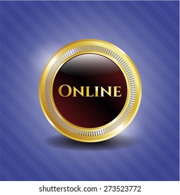 Online gold shiny badge with blue background