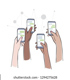 Online gossip. Group of women text messaging on smartphones, Online communication and connection. Isolated vector illustration.