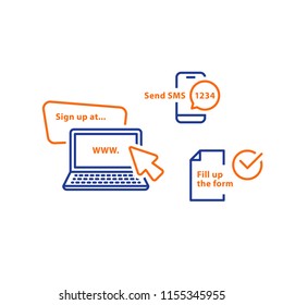 Online Government Distant Services, Submit Electronic Document, Fill Web Form, Phone Message Notification, Receive Authentication Code, Send Mobile Sms, Internet Promo Marketing, Vector Line Icon