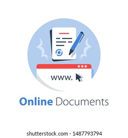 Online government services, submit document, legal contract formation, terms and conditions, digital signature, vector flat illustration