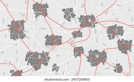 Gps en línea que rastrea el viaje de navegación en el vehículo. Edificio 3d en el mapa de la ciudad. Ver arriba en el mapa. Ilustración vectorial.