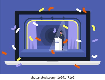 Online graduation ceremony 2020, quarantine, coronavirus outbreak, young male character wearing a cap and a gown and giving a speech behind the podium