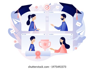 Online graduation ceremony 2021. Graduates receive diplomas and communicate via video. Online education at social distancing. Modern flat cartoon style. Vector illustration on white background