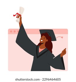 Online Graduation Ceremony With African american Girl Bachelor Character Displaying Diploma On Laptop Screen Celebrating Academic Achievement In Virtual Environment. Cartoon People Vector Illustration