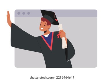 Online Graduation Ceremony With Boy Bachelor Character Holding Diploma Scroll On Laptop Screen, Celebrating Academic Achievements With Family And Friends Virtually. Cartoon People Vector Illustration