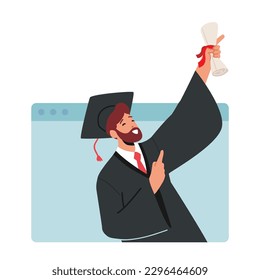 Concepto De Ceremonia De Graduación En Línea, Diploma De Personaje Masculino En Pantalla Portátil, Simbolizando El Reconocimiento Virtual De Logros Académicos Y Éxito. Ilustración de vectores de personas de caricatura