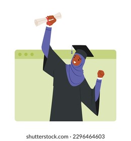 Online Graduation Ceremony Featuring Muslim Girl Bachelor Character Holding Diploma On Laptop Screen, Celebrating Academic Achievements Virtually. Cartoon People Vector Illustration