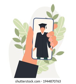 Online graduation ceremony, graduate student with diploma, graduate hat stand at phone screen. Diverse young people remote virtual celebration meeting during quarantine. Hand with phone video concept